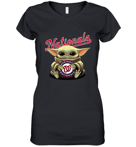 Baby Yoda Hugs Loves The Washington Nationals Baseball Womens V-Neck T-Shirt Womens V-Neck T-Shirt / Black / S Womens V-Neck T-Shirt - VeigarTee