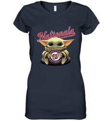Baby Yoda Hugs Loves The Washington Nationals Baseball Womens V-Neck T-Shirt