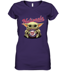 Baby Yoda Hugs Loves The Washington Nationals Baseball Womens V-Neck T-Shirt Womens V-Neck T-Shirt - VeigarTee