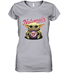 Baby Yoda Hugs Loves The Washington Nationals Baseball Womens V-Neck T-Shirt Womens V-Neck T-Shirt - VeigarTee