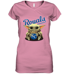 Baby Yoda Hugs Loves The Kansas City Royals Baseball Womens V-Neck T-Shirt Womens V-Neck T-Shirt - VeigarTee