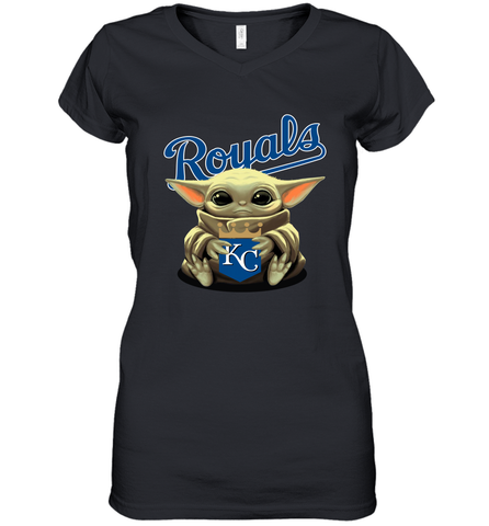 Baby Yoda Hugs Loves The Kansas City Royals Baseball Womens V-Neck T-Shirt Womens V-Neck T-Shirt / Black / S Womens V-Neck T-Shirt - VeigarTee