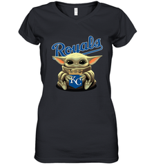 Baby Yoda Hugs Loves The Kansas City Royals Baseball Womens V-Neck T-Shirt Womens V-Neck T-Shirt - VeigarTee