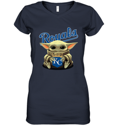 Baby Yoda Hugs Loves The Kansas City Royals Baseball Womens V-Neck T-Shirt