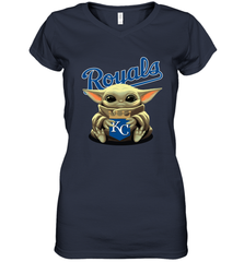 Baby Yoda Hugs Loves The Kansas City Royals Baseball Womens V-Neck T-Shirt Womens V-Neck T-Shirt - VeigarTee