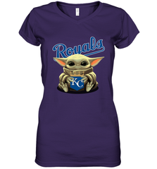 Baby Yoda Hugs Loves The Kansas City Royals Baseball Womens V-Neck T-Shirt Womens V-Neck T-Shirt - VeigarTee