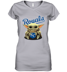 Baby Yoda Hugs Loves The Kansas City Royals Baseball Womens V-Neck T-Shirt Womens V-Neck T-Shirt - VeigarTee
