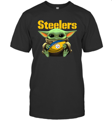 Baby Yoda Loves The Pittsburgh Steelers Star Wars Baby Yoda Hugs Steelers NFL Mens T-Shirt Mens T-Shirt - VeigarTee