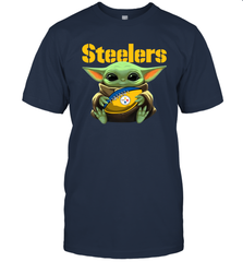 Baby Yoda Loves The Pittsburgh Steelers Star Wars Baby Yoda Hugs Steelers NFL Mens T-Shirt Mens T-Shirt - VeigarTee