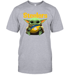 Baby Yoda Loves The Pittsburgh Steelers Star Wars Baby Yoda Hugs Steelers NFL Mens T-Shirt Mens T-Shirt - VeigarTee