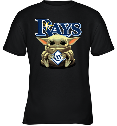 Baby Yoda Hugs Loves The Tampa Bay Rays Baseball Youth T-Shirt Youth T-Shirt / Black / XS Youth T-Shirt - VeigarTee