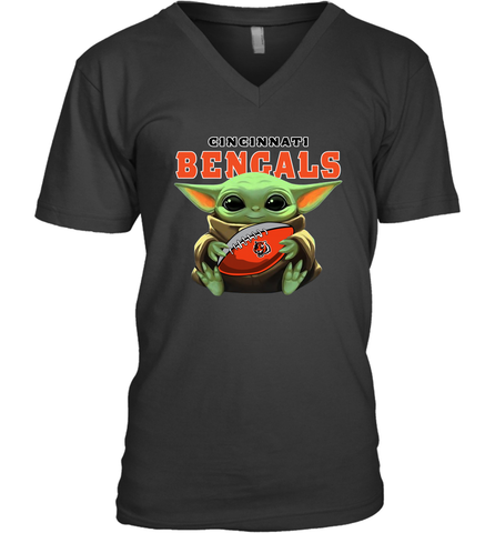 Baby Yoda Loves The Cincinnati Bengals Star Wars Baby Yoda Hugs Bengals NFL Mens V-Neck T-Shirt Mens V-Neck T-Shirt / Black / S Mens V-Neck T-Shirt - VeigarTee