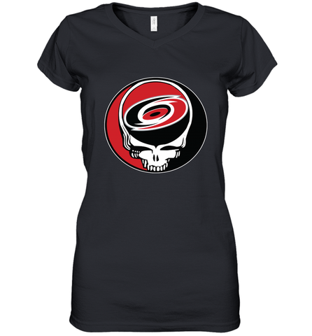 Carolina Hurricanes Grateful Dead Steal Your Face Hockey NHL Womens V-Neck T-Shirt Womens V-Neck T-Shirt / Black / S Womens V-Neck T-Shirt - VeigarTee