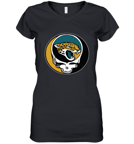 Jacksonville Jaguars Grateful Dead Steal Your Face NFL Football Womens V-Neck T-Shirt Womens V-Neck T-Shirt / Black / S Womens V-Neck T-Shirt - VeigarTee