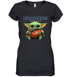 Baby Yoda Loves The Denver Broncos Star Wars Baby Yoda Hugs Broncos NFL Womens V-Neck T-Shirt