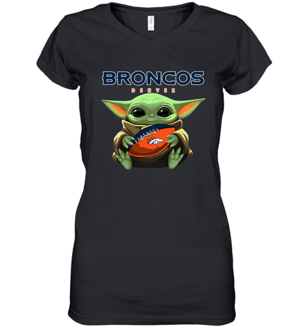 Baby Yoda Loves The Denver Broncos Star Wars Baby Yoda Hugs Broncos NFL Womens V-Neck T-Shirt Womens V-Neck T-Shirt / Black / S Womens V-Neck T-Shirt - VeigarTee
