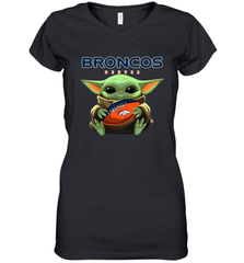 Baby Yoda Loves The Denver Broncos Star Wars Baby Yoda Hugs Broncos NFL Womens V-Neck T-Shirt Womens V-Neck T-Shirt - VeigarTee