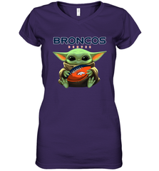 Baby Yoda Loves The Denver Broncos Star Wars Baby Yoda Hugs Broncos NFL Womens V-Neck T-Shirt Womens V-Neck T-Shirt - VeigarTee