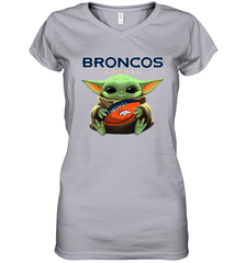 Baby Yoda Loves The Denver Broncos Star Wars Baby Yoda Hugs Broncos NFL Womens V-Neck T-Shirt Womens V-Neck T-Shirt - VeigarTee