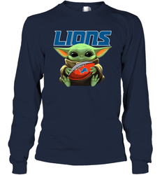 Baby Yoda Loves The Detroit Lions Star Wars Baby Yoda Hugs Lions NFL Adult Long Sleeve T-Shirt