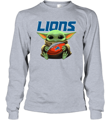 Baby Yoda Loves The Detroit Lions Star Wars Baby Yoda Hugs Lions NFL Adult Long Sleeve T-Shirt Adult Long Sleeve T-Shirt - VeigarTee