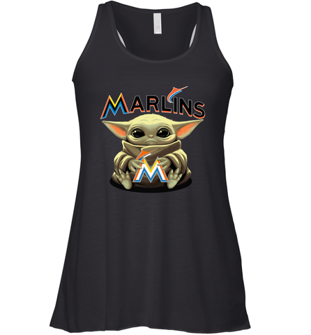 Baby Yoda Hugs Loves The Miami Marlins Baseball Womens Racerback Tank Top Womens Racerback Tank Top / Black / XS Womens Racerback Tank Top - VeigarTee