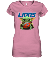 Baby Yoda Loves The Detroit Lions Star Wars Baby Yoda Hugs Lions NFL Womens V-Neck T-Shirt Womens V-Neck T-Shirt - VeigarTee