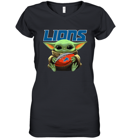 Baby Yoda Loves The Detroit Lions Star Wars Baby Yoda Hugs Lions NFL Womens V-Neck T-Shirt Womens V-Neck T-Shirt / Black / S Womens V-Neck T-Shirt - VeigarTee