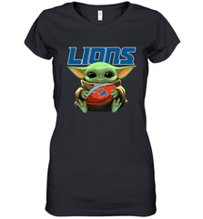 Baby Yoda Loves The Detroit Lions Star Wars Baby Yoda Hugs Lions NFL Womens V-Neck T-Shirt Womens V-Neck T-Shirt - VeigarTee