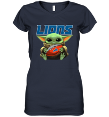 Baby Yoda Loves The Detroit Lions Star Wars Baby Yoda Hugs Lions NFL Womens V-Neck T-Shirt Womens V-Neck T-Shirt - VeigarTee