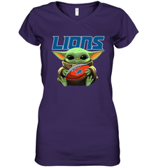 Baby Yoda Loves The Detroit Lions Star Wars Baby Yoda Hugs Lions NFL Womens V-Neck T-Shirt Womens V-Neck T-Shirt - VeigarTee