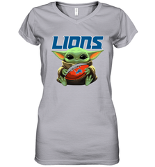 Baby Yoda Loves The Detroit Lions Star Wars Baby Yoda Hugs Lions NFL Womens V-Neck T-Shirt Womens V-Neck T-Shirt - VeigarTee