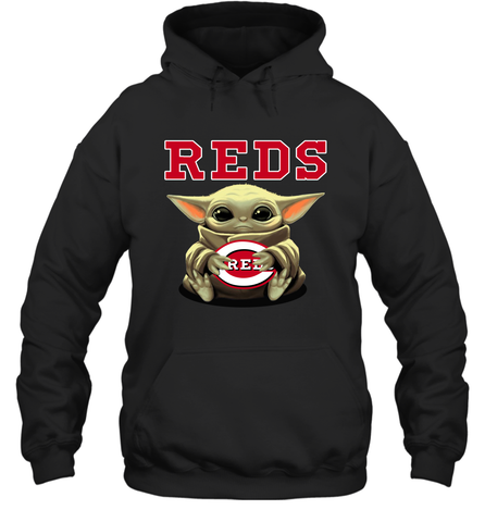 Baby Yoda Hugs Loves The Cincinnati Reds Baseball Adult Hoodie Sweatshirt Adult Hoodie Sweatshirt / Black / S Adult Hoodie Sweatshirt - VeigarTee