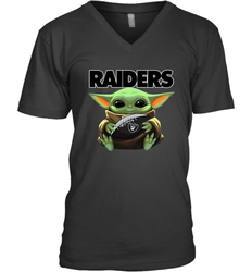 Baby Yoda Loves The Oakland Raiders Star Wars Baby Yoda Hugs Raiders NFL Mens V-Neck T-Shirt