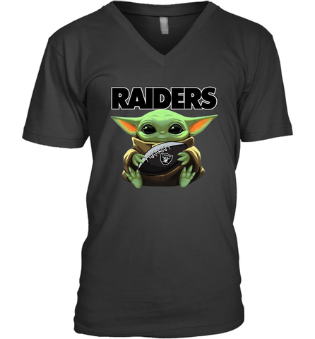 Baby Yoda Loves The Oakland Raiders Star Wars Baby Yoda Hugs Raiders NFL Mens V-Neck T-Shirt Mens V-Neck T-Shirt / Black / S Mens V-Neck T-Shirt - VeigarTee