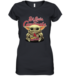 Baby Yoda Hugs Loves The St Louis Cardinals Baseball Womens V-Neck T-Shirt