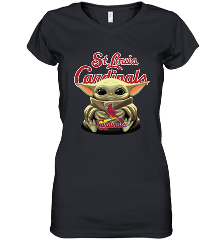 Baby Yoda Hugs Loves The St Louis Cardinals Baseball Womens V-Neck T-Shirt Womens V-Neck T-Shirt / Black / S Womens V-Neck T-Shirt - VeigarTee