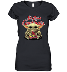 Baby Yoda Hugs Loves The St Louis Cardinals Baseball Womens V-Neck T-Shirt Womens V-Neck T-Shirt - VeigarTee