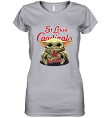 Baby Yoda Hugs Loves The St Louis Cardinals Baseball Womens V-Neck T-Shirt Womens V-Neck T-Shirt - VeigarTee