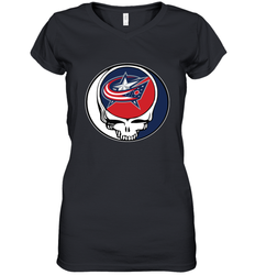 Columbus Blue Grateful Dead Steal Your Face Hockey NHL Womens V-Neck T-Shirt