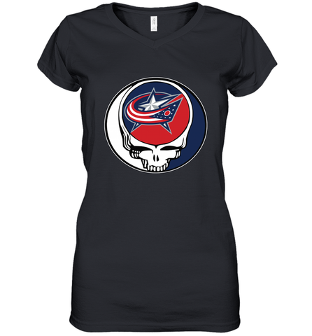 Columbus Blue Grateful Dead Steal Your Face Hockey NHL Womens V-Neck T-Shirt Womens V-Neck T-Shirt / Black / S Womens V-Neck T-Shirt - VeigarTee