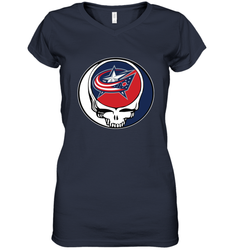 Columbus Blue Grateful Dead Steal Your Face Hockey NHL Womens V-Neck T-Shirt