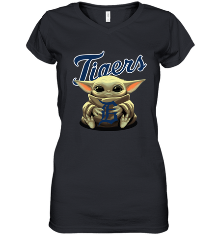 Baby Yoda Hugs Loves The Detroit Tigers Baseball Womens V-Neck T-Shirt Womens V-Neck T-Shirt / Black / S Womens V-Neck T-Shirt - VeigarTee