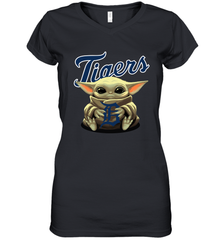 Baby Yoda Hugs Loves The Detroit Tigers Baseball Womens V-Neck T-Shirt Womens V-Neck T-Shirt - VeigarTee