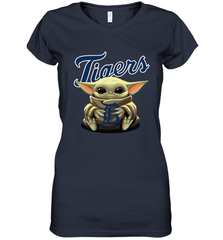 Baby Yoda Hugs Loves The Detroit Tigers Baseball Womens V-Neck T-Shirt Womens V-Neck T-Shirt - VeigarTee
