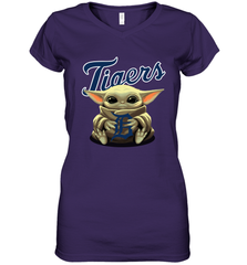 Baby Yoda Hugs Loves The Detroit Tigers Baseball Womens V-Neck T-Shirt Womens V-Neck T-Shirt - VeigarTee