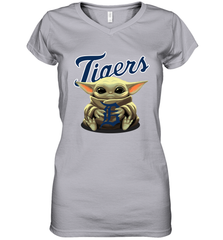 Baby Yoda Hugs Loves The Detroit Tigers Baseball Womens V-Neck T-Shirt Womens V-Neck T-Shirt - VeigarTee