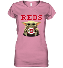 Baby Yoda Hugs Loves The Cincinnati Reds Baseball Womens V-Neck T-Shirt Womens V-Neck T-Shirt - VeigarTee