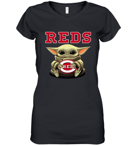 Baby Yoda Hugs Loves The Cincinnati Reds Baseball Womens V-Neck T-Shirt Womens V-Neck T-Shirt / Black / S Womens V-Neck T-Shirt - VeigarTee