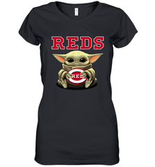 Baby Yoda Hugs Loves The Cincinnati Reds Baseball Womens V-Neck T-Shirt Womens V-Neck T-Shirt - VeigarTee
